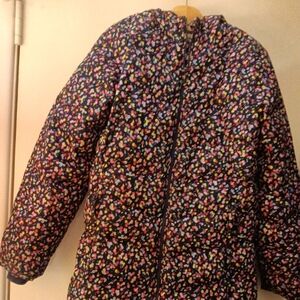 Lands End Faux Fur-lined Girls Coat. Navy with Colorful Speckled L(10 -12)